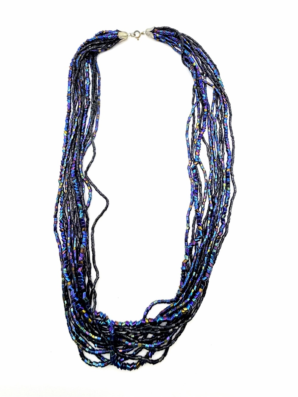Vintage 1950s Iridescent Glass Multi Strand Seed Bead Necklace Peacock Oil Slick